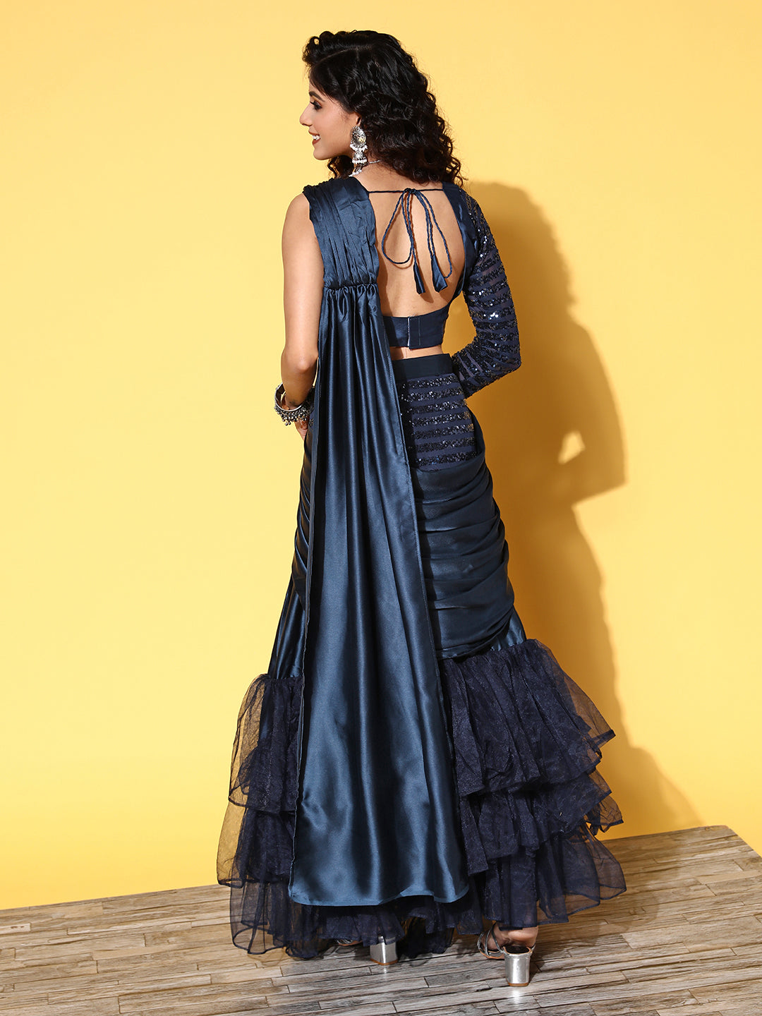 Tikhi Imli Navy Blue Sequinned Ready to Wear Saree - Distacart