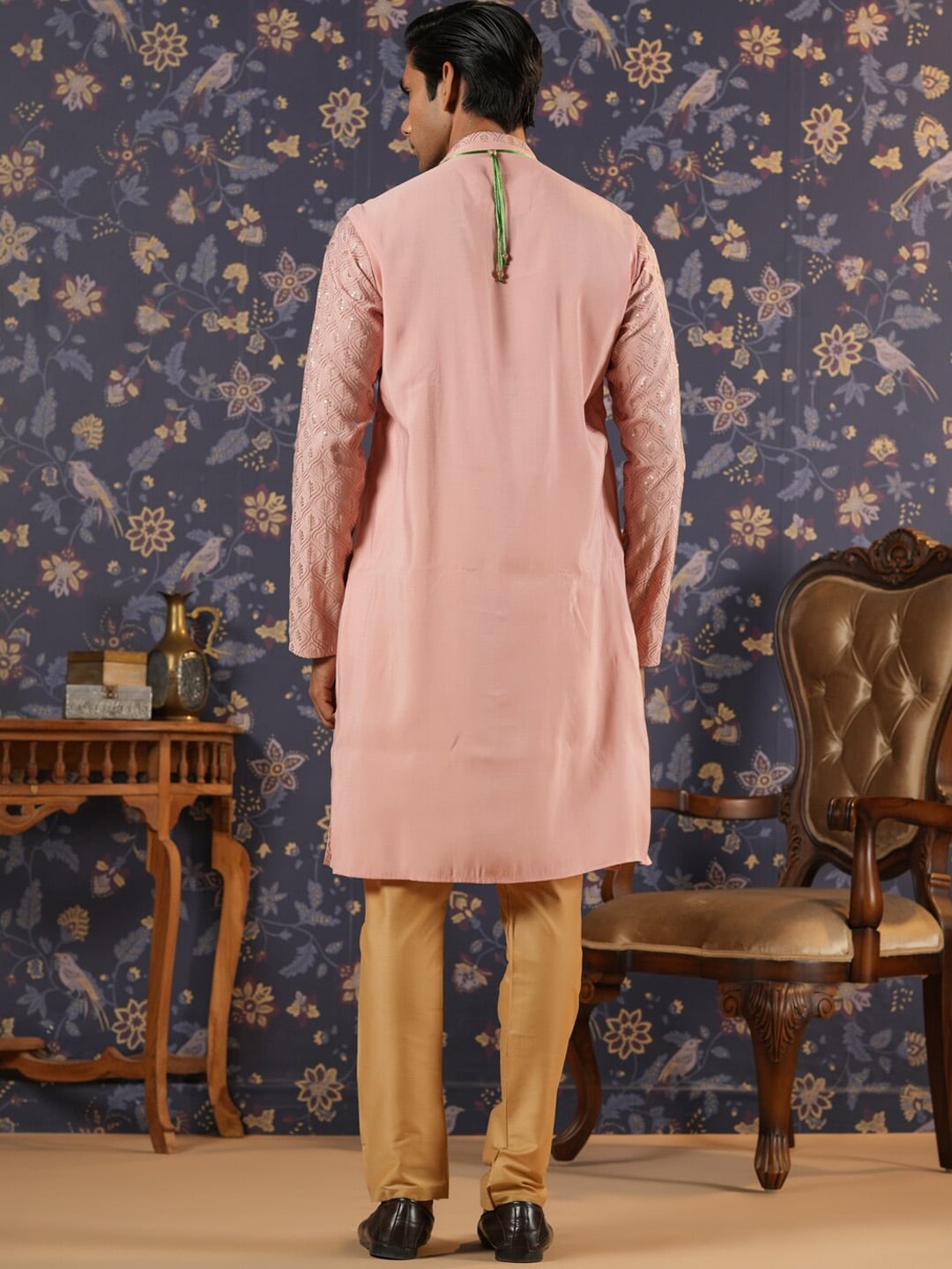 House of Pataudi Ethnic Motifs Embroidered Mandarin Collar Straight Kurta With Churidar - Distacart