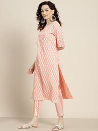 Thumbnail for Sangria Women Peach-Coloured & White Ethnic Printed Pure Cotton Kurta set - Distacart