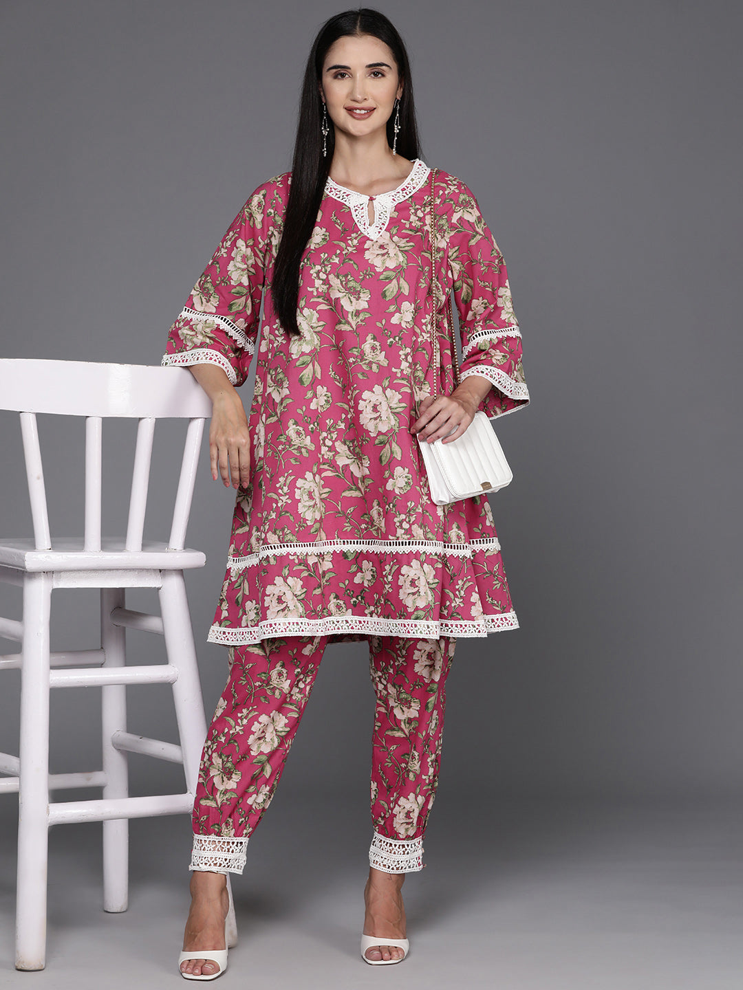 Biba Women Floral Printed Regular Pure Cotton Kurta with Trousers - Distacart