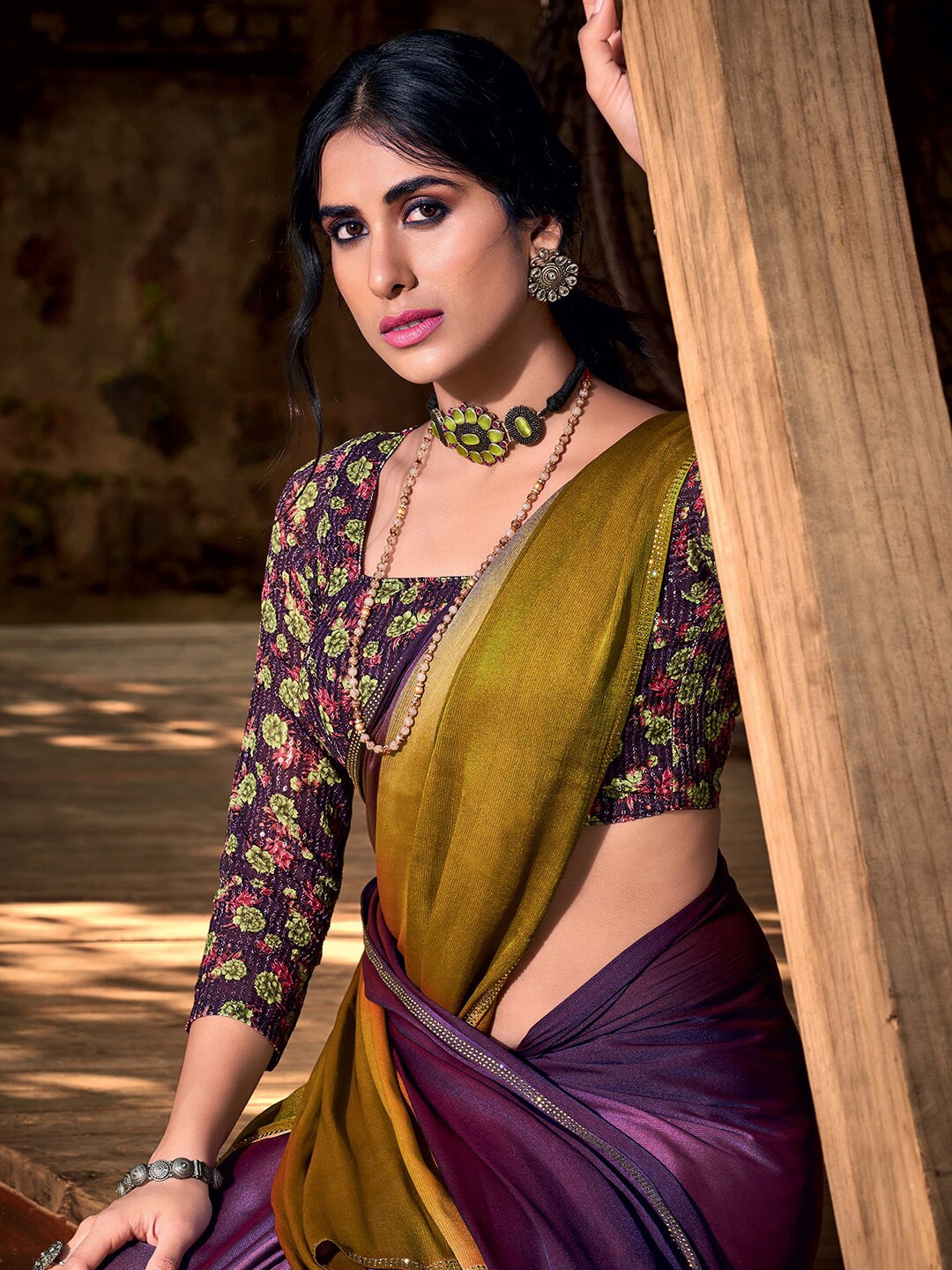 Saree Mall Purple & Beige Ombre Embroidered Sarees - Distacart