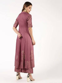 Thumbnail for Aniyah Rayon Block Print Anarkali Flared Kurta With Palazzo Set Dusty Pink (AN-156K)