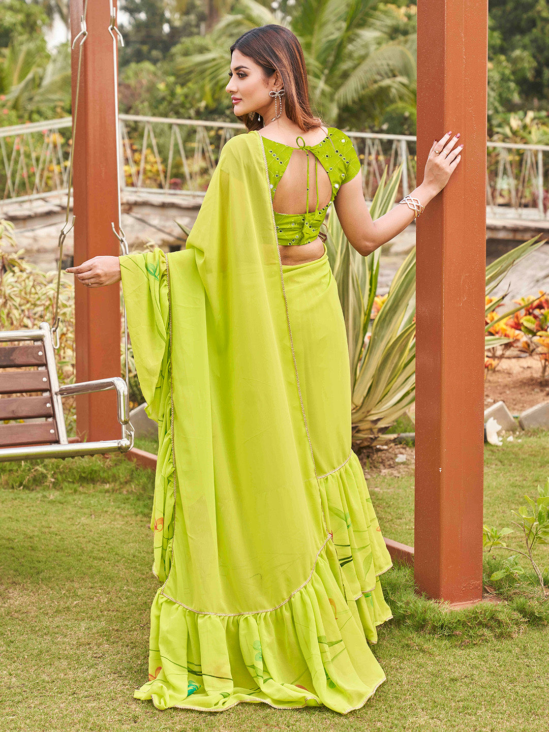 Tikhi Imli Printed Ruffle Saree With Mirror Embroidered Work Blouse - Distacart