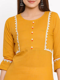 Thumbnail for HERE&NOW Mustard Yellow & White Ethnic Motifs Embroidered Straight Kurta - Distacart