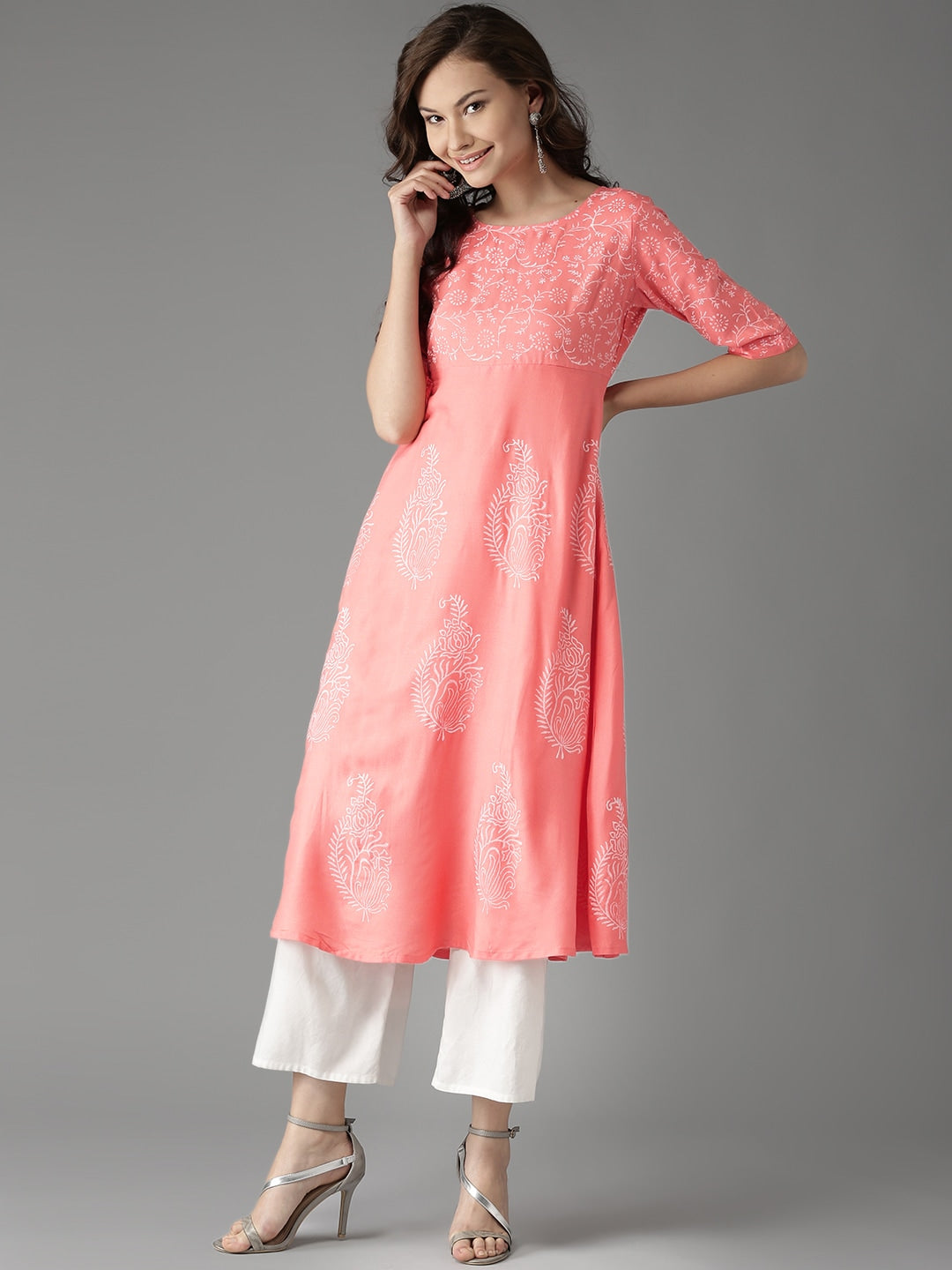 HERE&NOW Women Peach-Coloured Handblock Print A-Line Kurta - Distacart