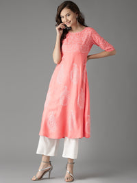 Thumbnail for HERE&NOW Women Peach-Coloured Handblock Print A-Line Kurta - Distacart