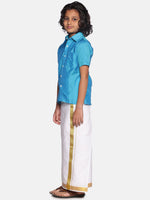 Thumbnail for Sethukrishna Boys Turquoise Blue & White Solid Cotton Shirt & Dhoti Set - Distacart