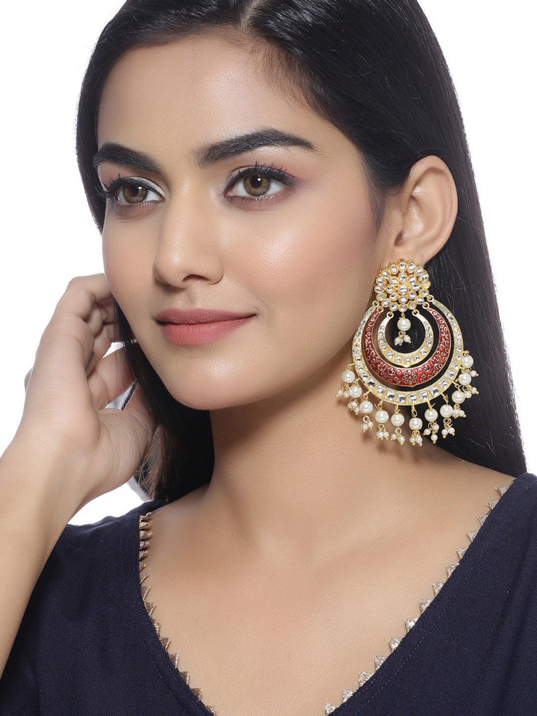 Shoshaa Red & Off-White Kundan Studded & Beaded Crescent Shaped Chandbalis - Distacart