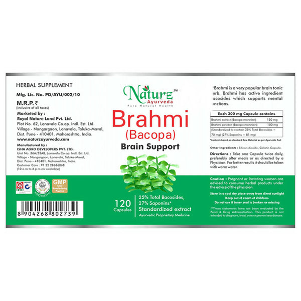 Naturz Ayurveda Brahmi (Bacopa) Capsules - Distacart