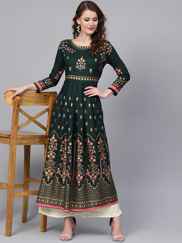 Ishin Women Green & Golden Printed A-Line Kurta - Distacart