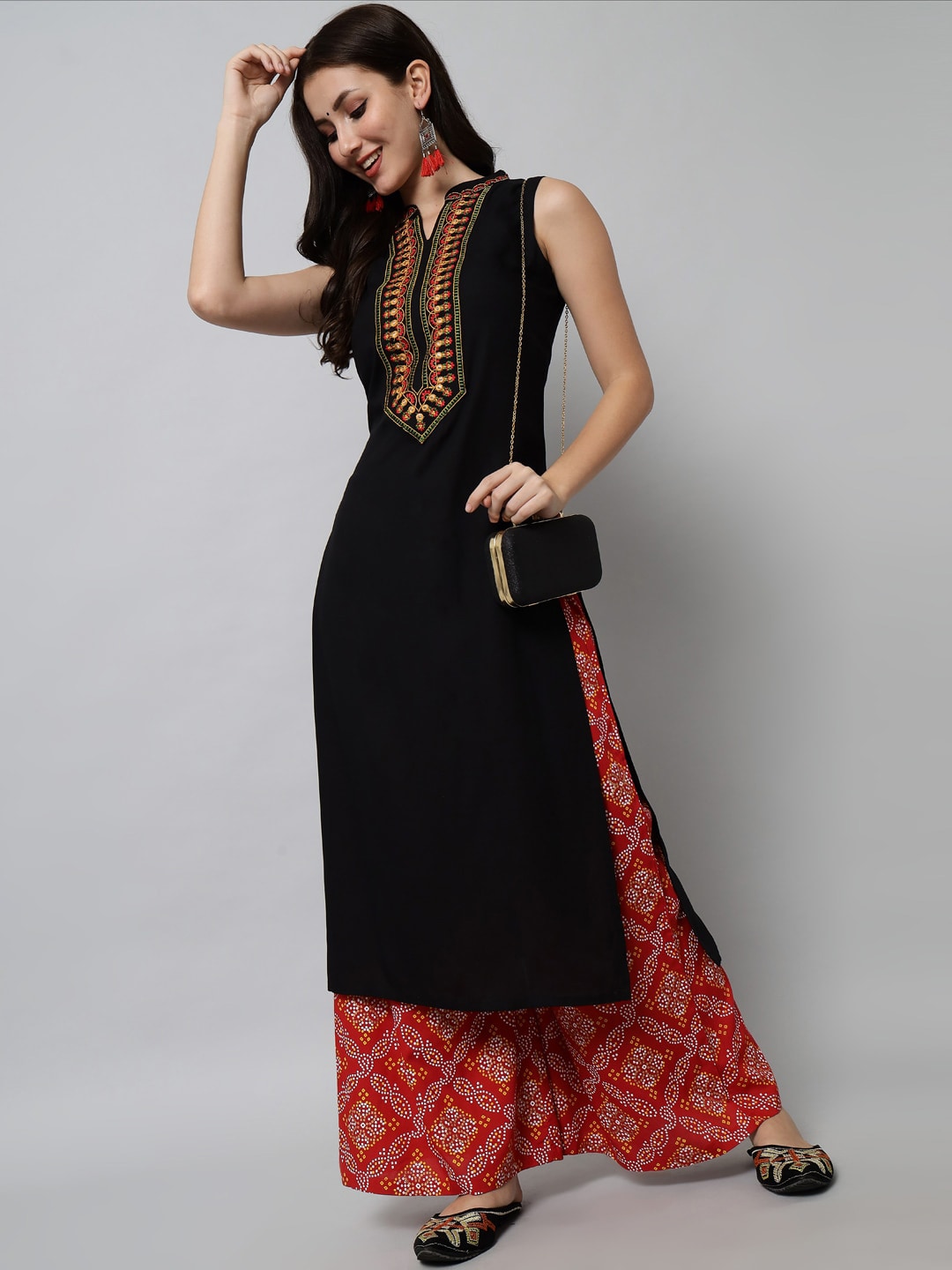 Kalini Women Black Embroidered Thread Work Kurta with Palazzos - Distacart