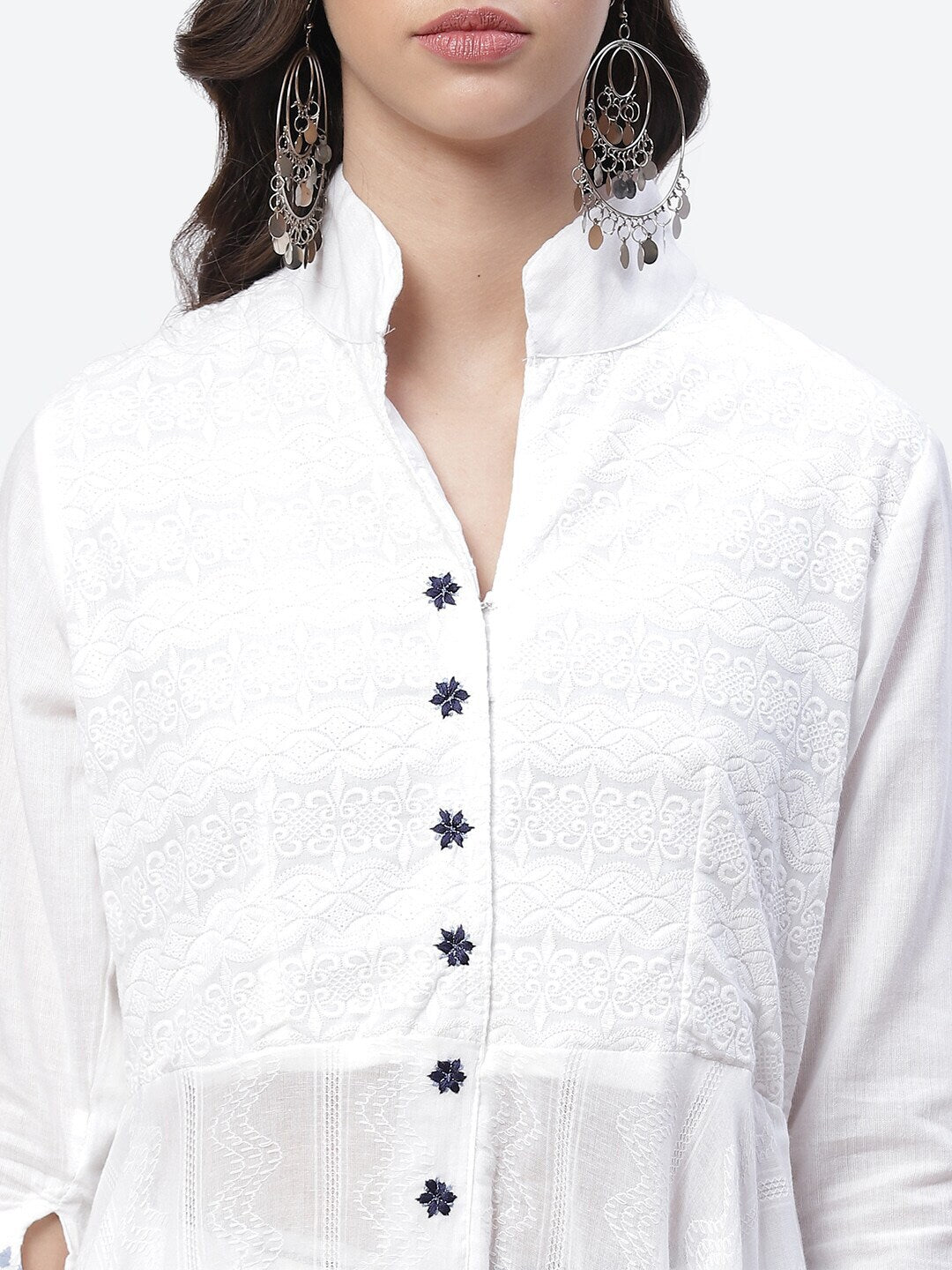 Biba Women White Ethnic Motifs Embroidered Pleated Thread Work Pure Cotton Kurta with Churidar & With Dupatta - Distacart