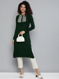 Thumbnail for HERE&NOW Women Green Yoke Design Knitted Kurta - Distacart