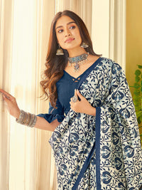 Thumbnail for Saree Mall Off White & Blue Ethnic Motifs Dabu Saree - Distacart