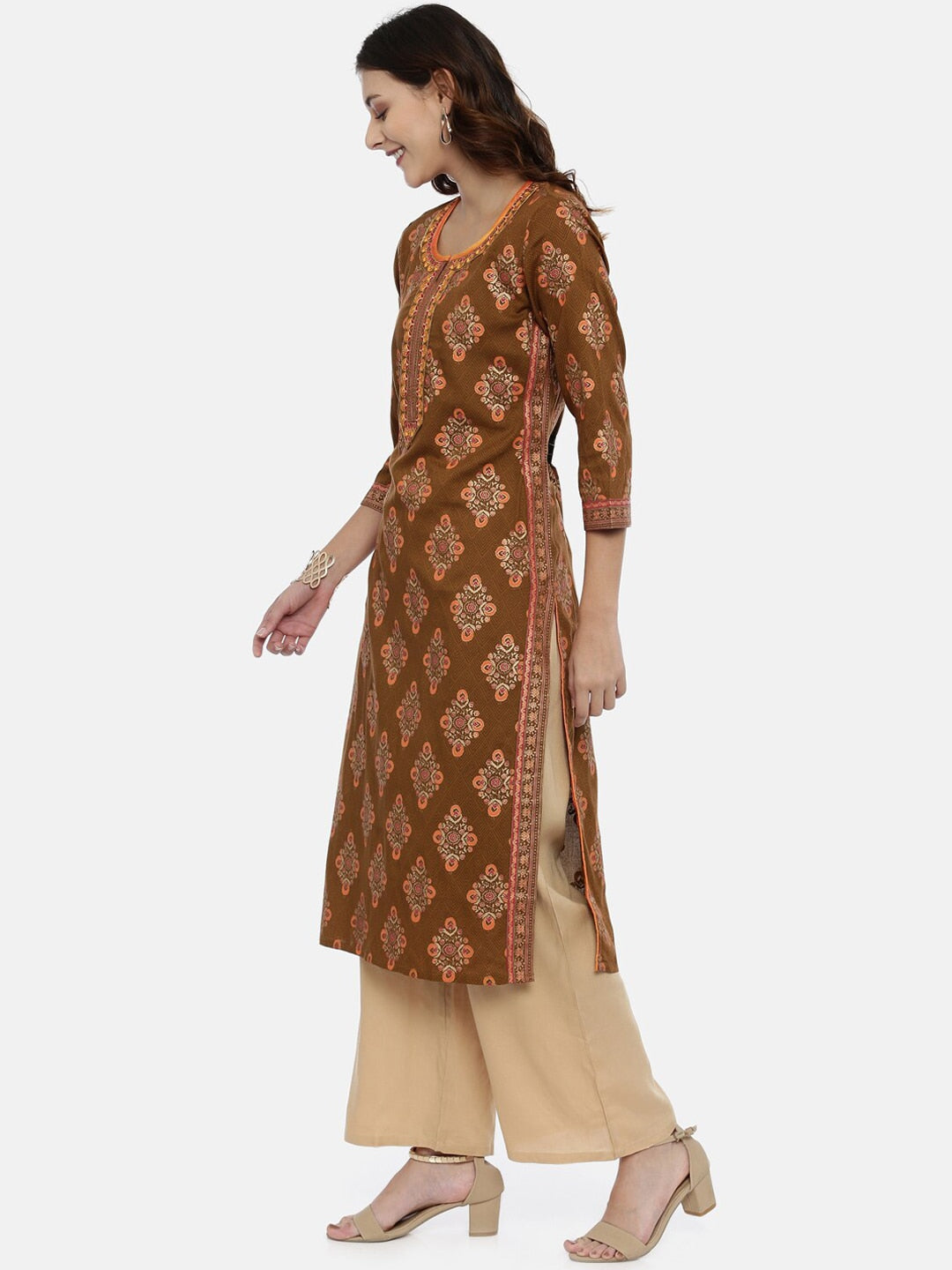 Souchii Brown & Mustard Printed Straight Kurta - Distacart
