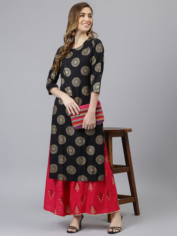 Khushal K Women Black & Gold-Toned Printed Kurta with Palazzos - Distacart