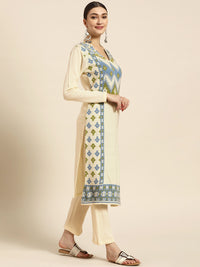 Thumbnail for Sangria Women Off White Ethnic Motifs Self Design Winter Kurta with Trousers - Distacart