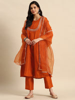 Thumbnail for Sangria Ethnic Motifs Embroidered Mirror Work Silk Crepe Kurta with Trousers & Dupatta - Distacart