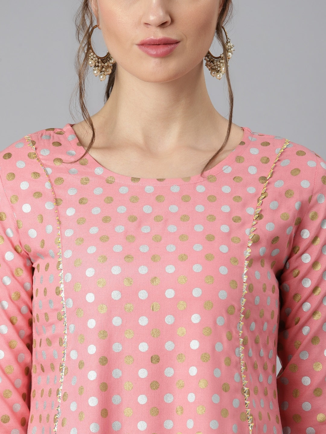 Khushal K Women Pink Printed Panelled Gotta Patti Kurti with Trousers - Distacart