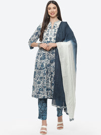Thumbnail for Biba Women White & Blue Floral Printed Pure Cotton Kurta With Trousers & Dupatta - Distacart