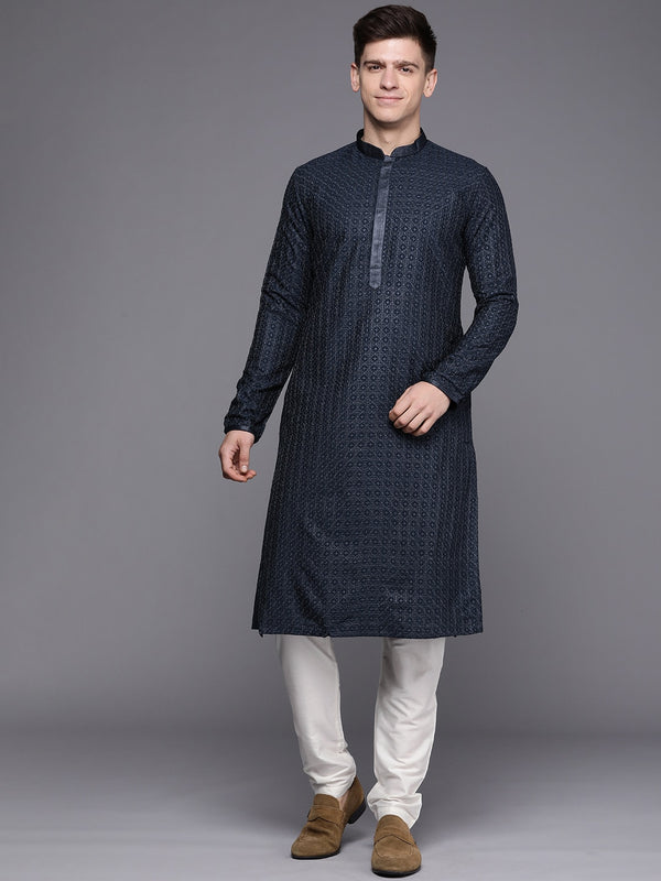 Manyavar Men Blue Embroidered Kurta with Pyjamas - Distacart