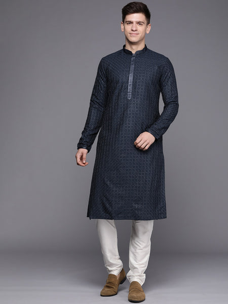 Manyavar Men Blue Embroidered Kurta with Pyjamas - Distacart