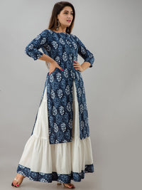 Thumbnail for HERE&NOW Blue & White Boat Neck Floral Printed Kurta with Skirt - Distacart