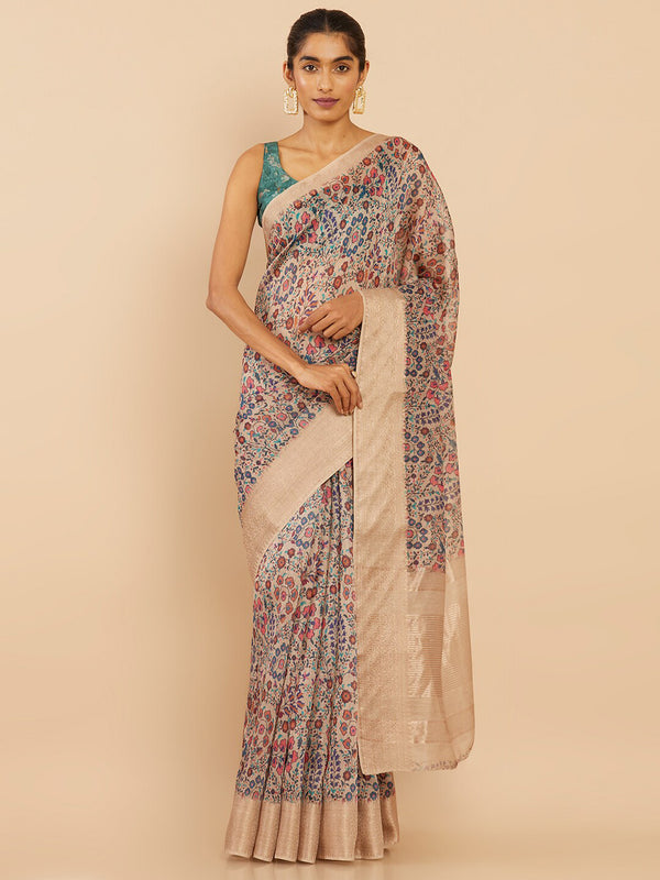Soch Beige & Pink Floral Zari Art Silk Saree - Distacart