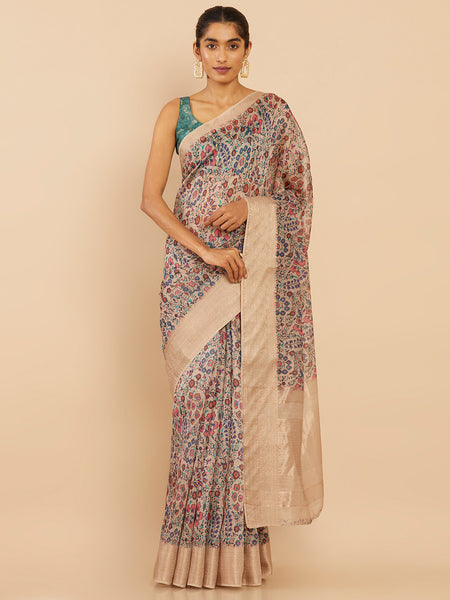 Soch Beige & Pink Floral Zari Art Silk Saree - Distacart