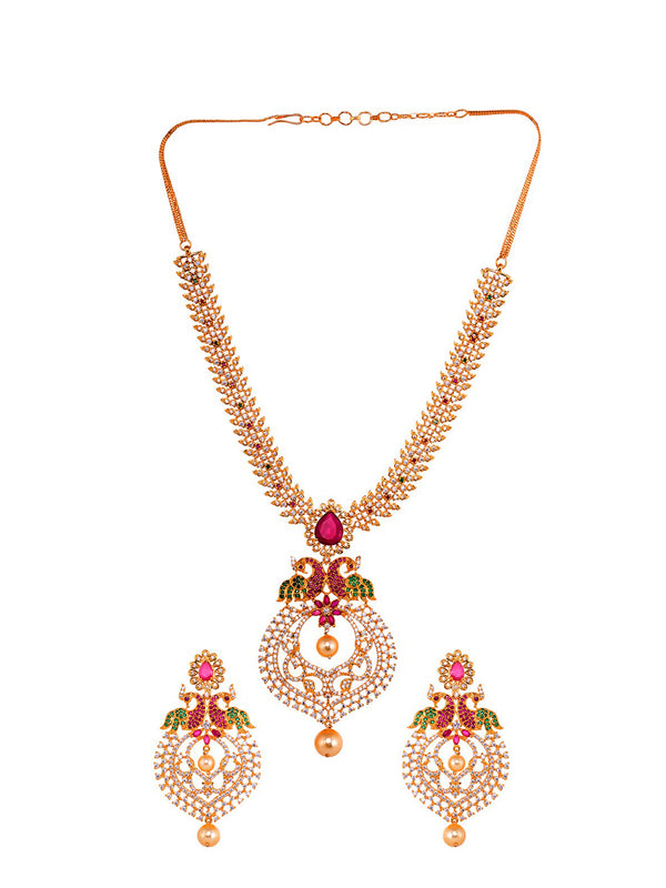 Saraf RS Jewellery Gold-Plated Green & Pink American Diamond Studded & Beaded Handcrafted Jewellery Set - Distacart