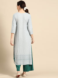 Thumbnail for Sangria Women White & Blue Ethnic Motifs Embroidered Thread Work Kurta - Distacart