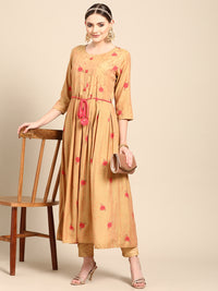 Thumbnail for Sangria Women Mustard Yellow & Pink Ethnic Motifs Embroidered Mirror Work Anarkali Kurta - Distacart