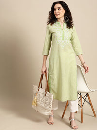 Thumbnail for Sangria Women Green Floral Yoke Design Thread Work Pastels Kurta - Distacart
