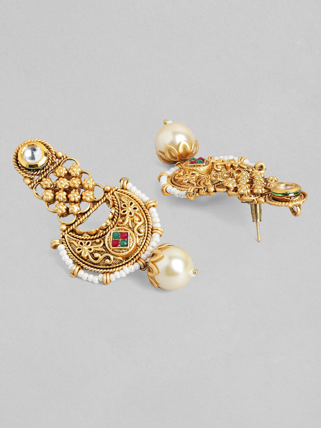 Rubans Gold-Plated White & Green Stone-Studded & Pearl Beaded Handcrafted Jewellery Set - Distacart
