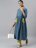Thumbnail for Khushal K Women Blue Geometric Striped Flared Sleeves Anarkali Kurta - Distacart