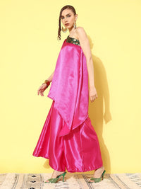 Thumbnail for InWeave Women's Pink Green Brocade Satin Oneshoulder Kurta Set - Distacart