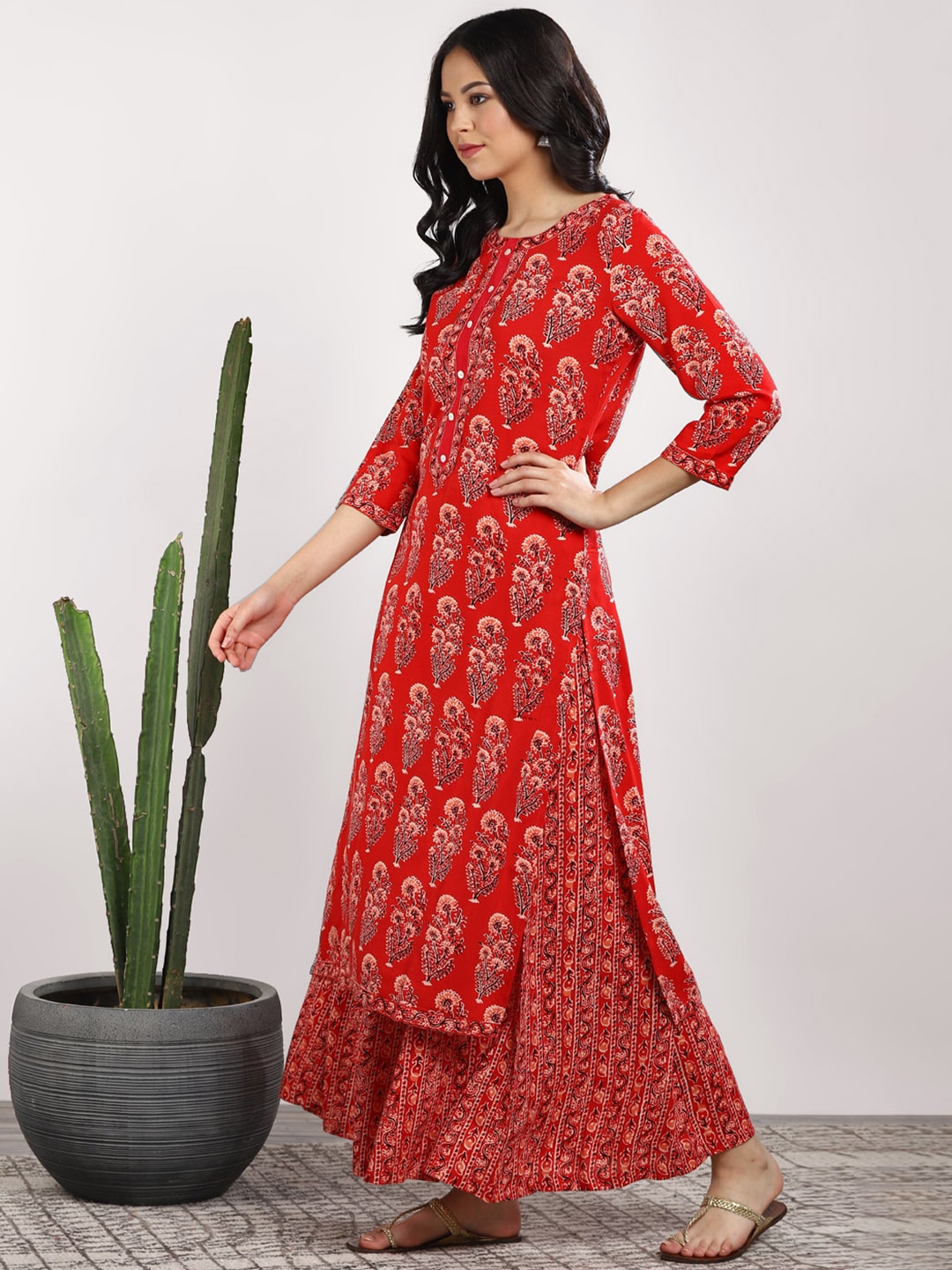 Sangria Women Red Printed Kurta with Palazzos - Distacart