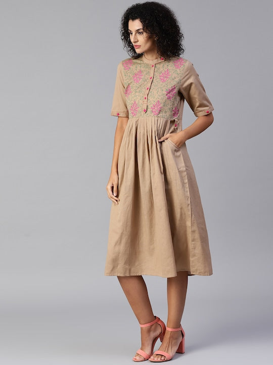 NOZ2TOZ Beige Solid Midi Empire Dress - Distacart