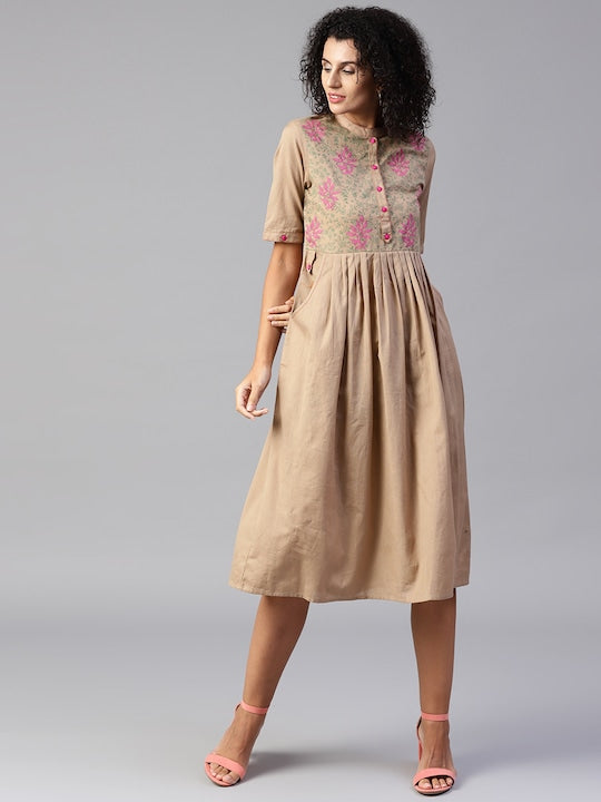 NOZ2TOZ Beige Solid Midi Empire Dress - Distacart
