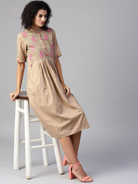 Thumbnail for NOZ2TOZ Beige Solid Midi Empire Dress - Distacart