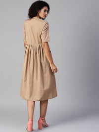 Thumbnail for NOZ2TOZ Beige Solid Midi Empire Dress - Distacart