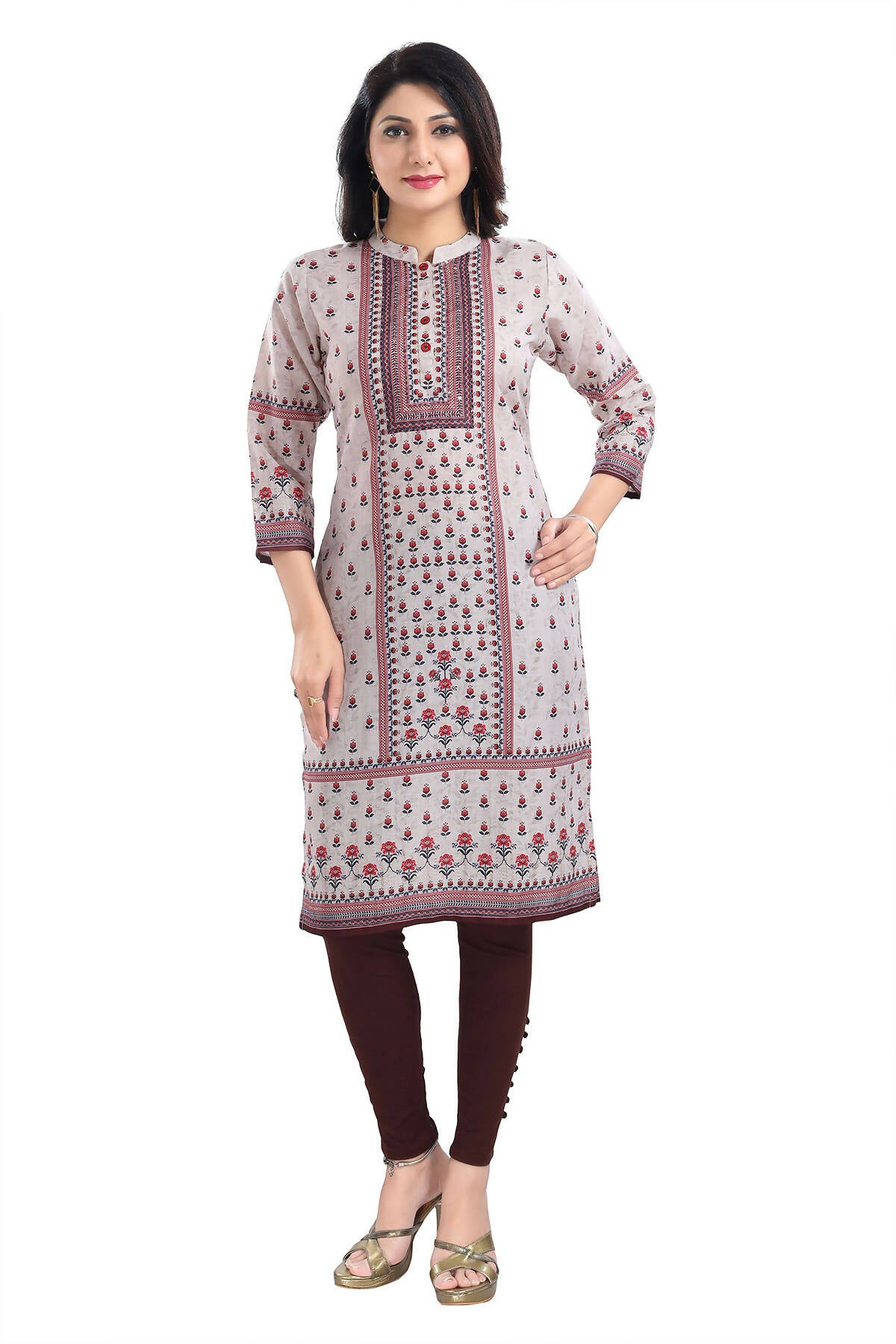 Snehal Creations Charming Cream Digital Print Cotton Slub Long Kurti Tunic - Distacart