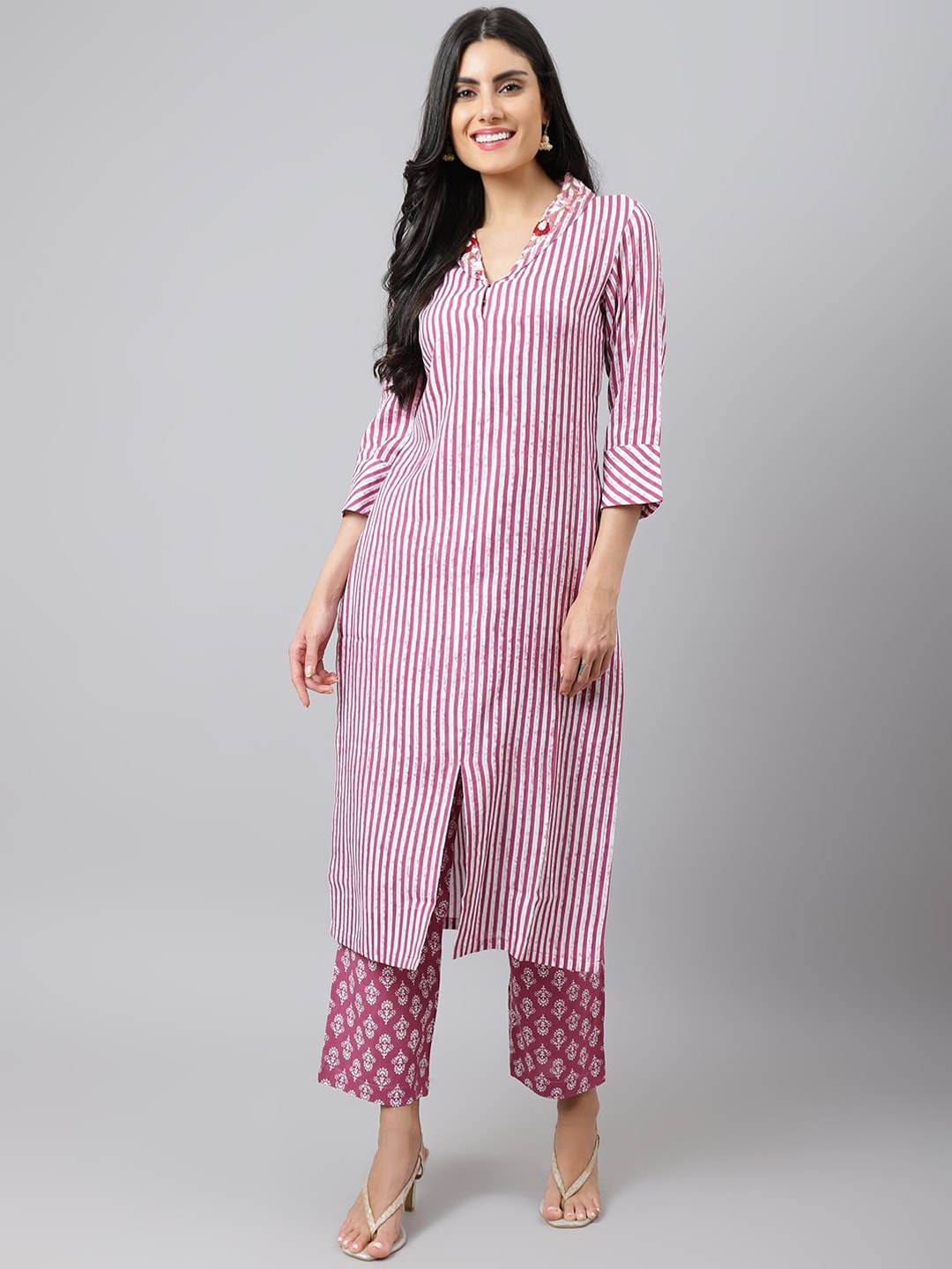 Khushal K Striped Sequinned Kurta with Palazzos - Distacart
