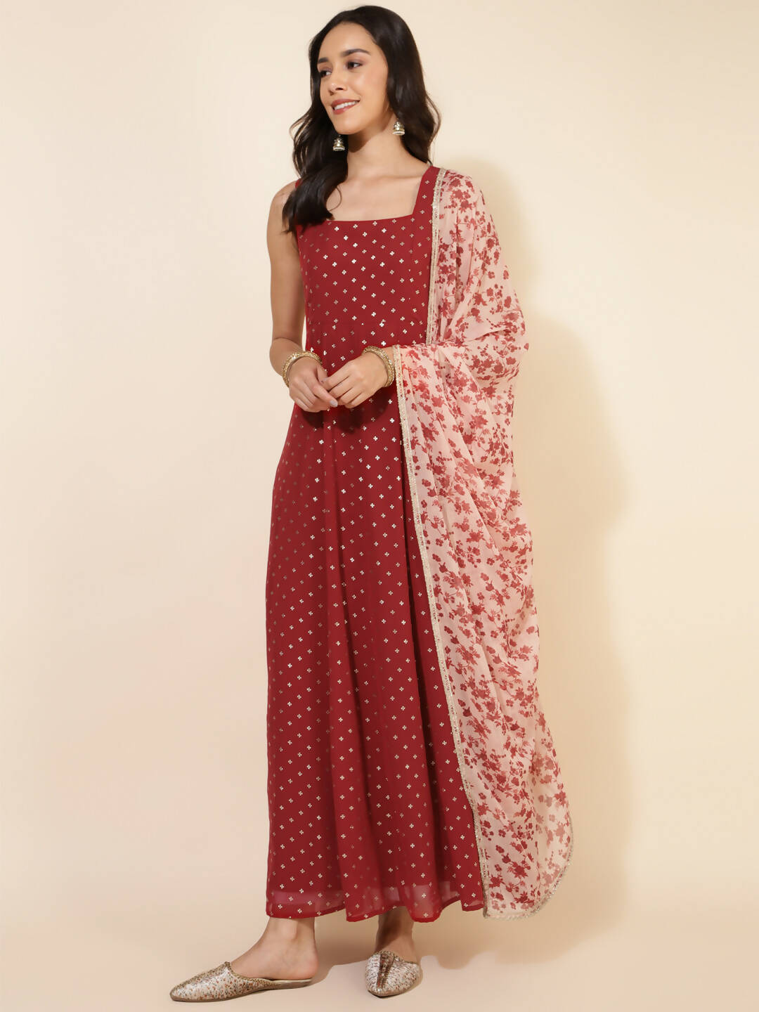 Janasya Women's Red Georgette Foil Printed Festive Anarkali Kurta Set - Distacart