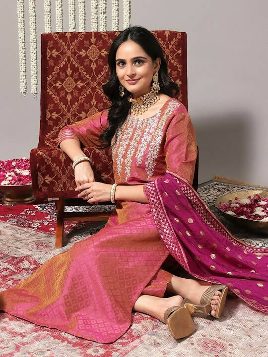 Varanga Thread Work Woven Design Regular Kurta with Trousers & Dupatta - Distacart