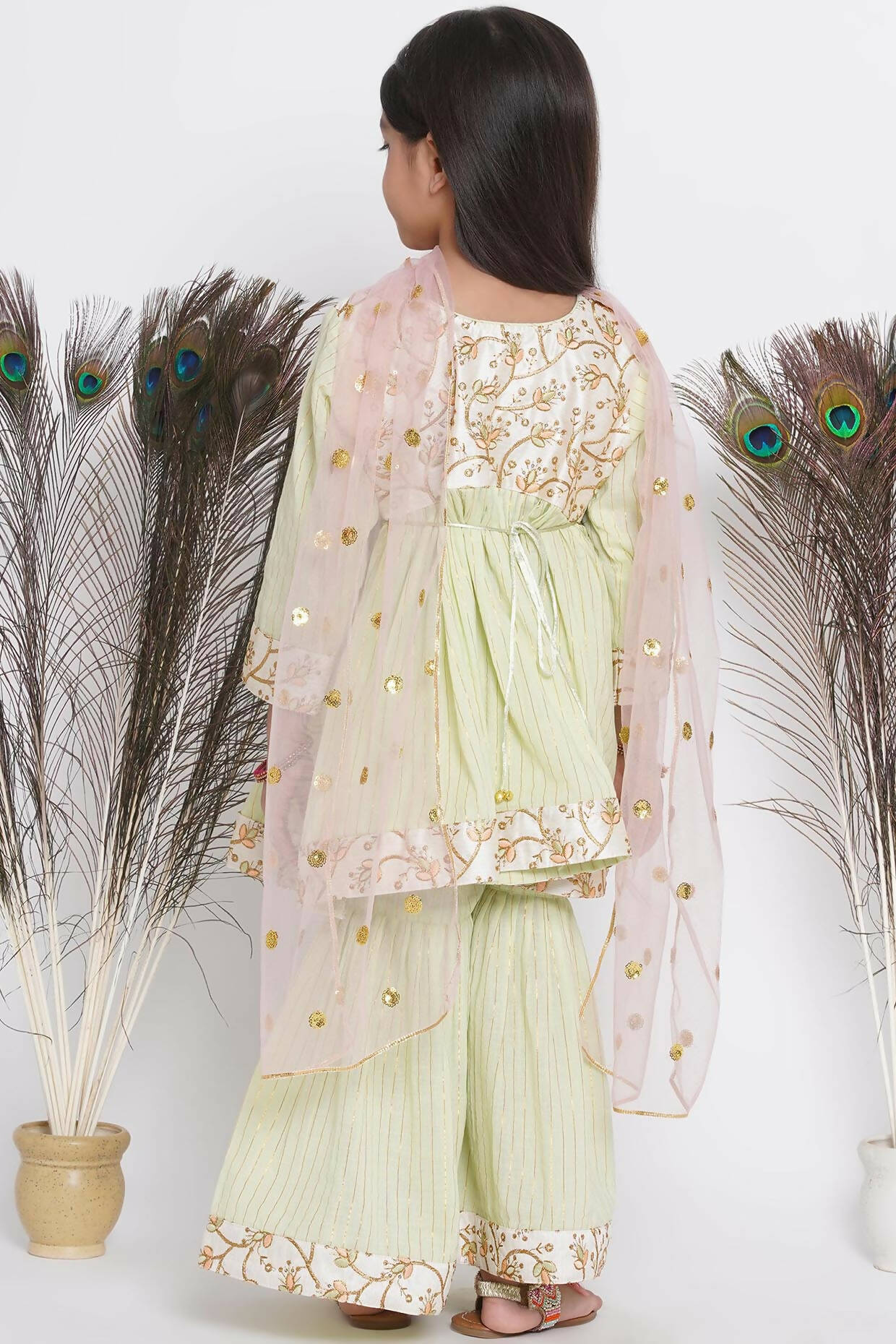 Little Bansi Floral Embroidery Jacket With Cotton Lurex Frock Sharara And Dupatta With Ghungroo Handwork - Bottle Green - Distacart