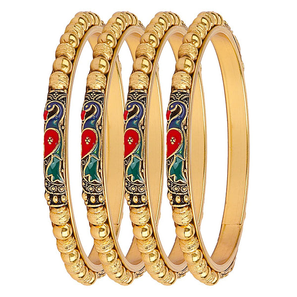 Gold-Plated Alloy Peacock Design Set Of 4 Gold Plated Bangles - The Pari - Distacart