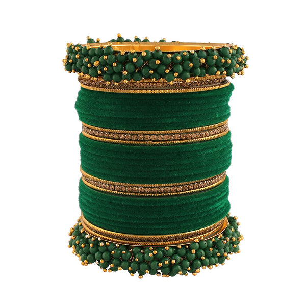 Gold-Plated Alloy Designer Green Velvet Bangle Set - The Pari - Distacart