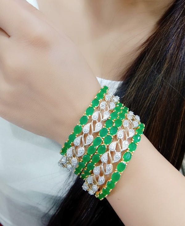 Gold-Plated Alloy American Diamond Combo Of Green & Silver Bangles - The Pari - Distacart