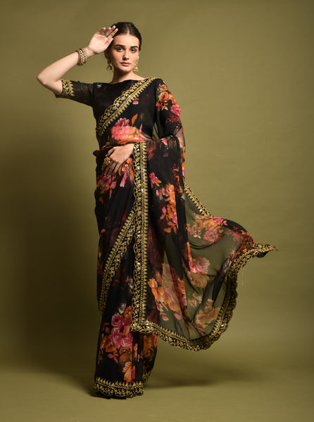 Malishka Women's Black Georgette Chiffon Floral Print & Embroidery Saree With Blouse Piece - Distacart
